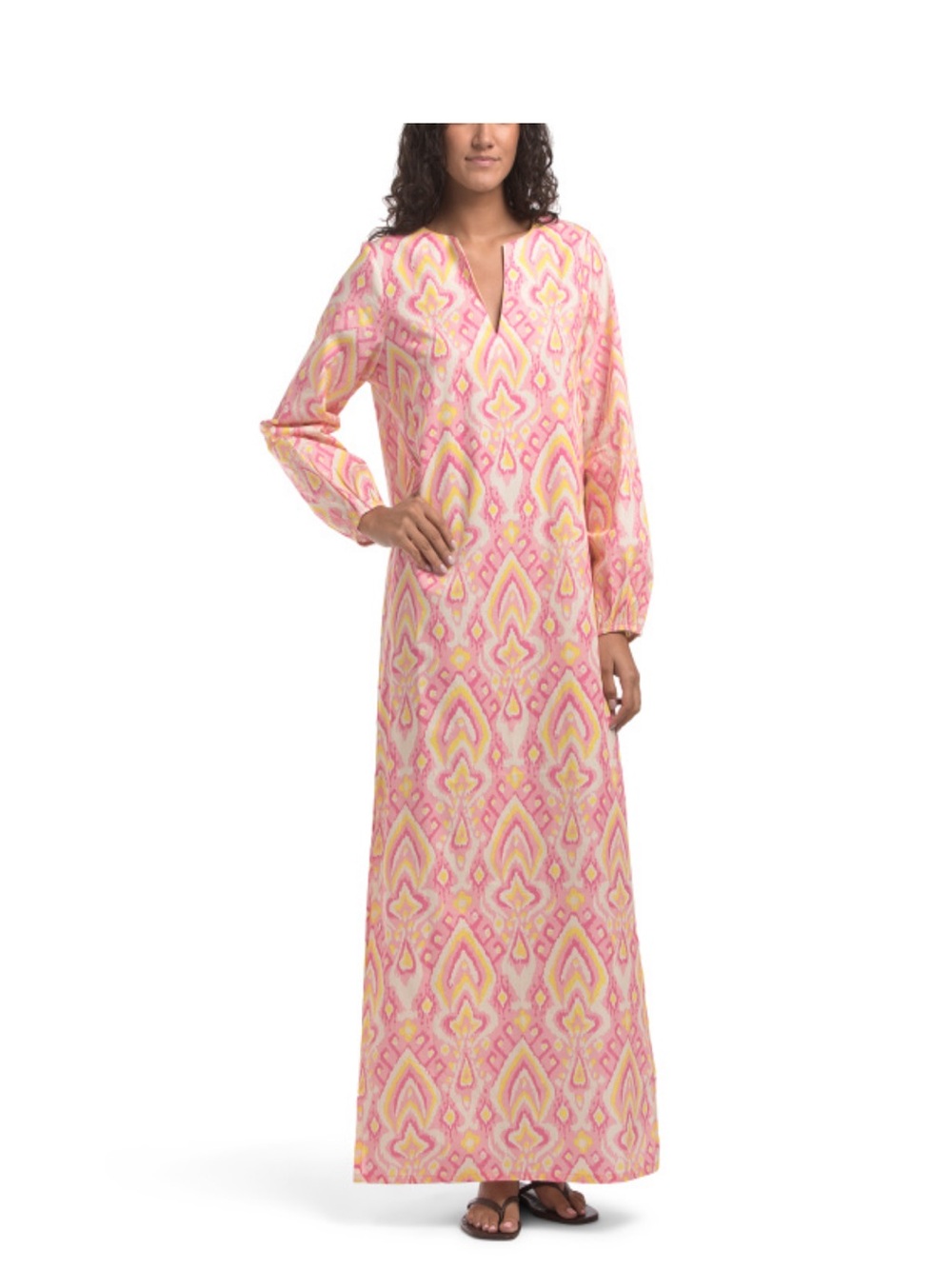 Long Pink & Yellow Printed Cotton Caftan